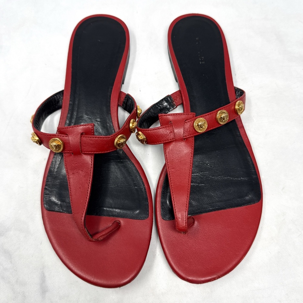VERSACE Medusa Logo Studded Leather Thong Slide Flat Sandal Shoes Red Gold 38